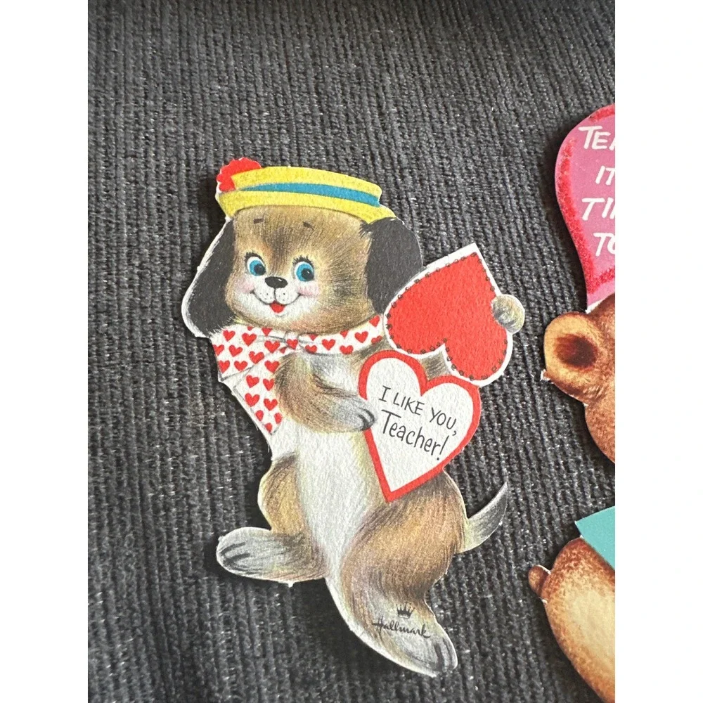 Vintage Hallmark Teacher Valentine Cards‎ Puppy Bear Die Cut Ephemera Lot of 2